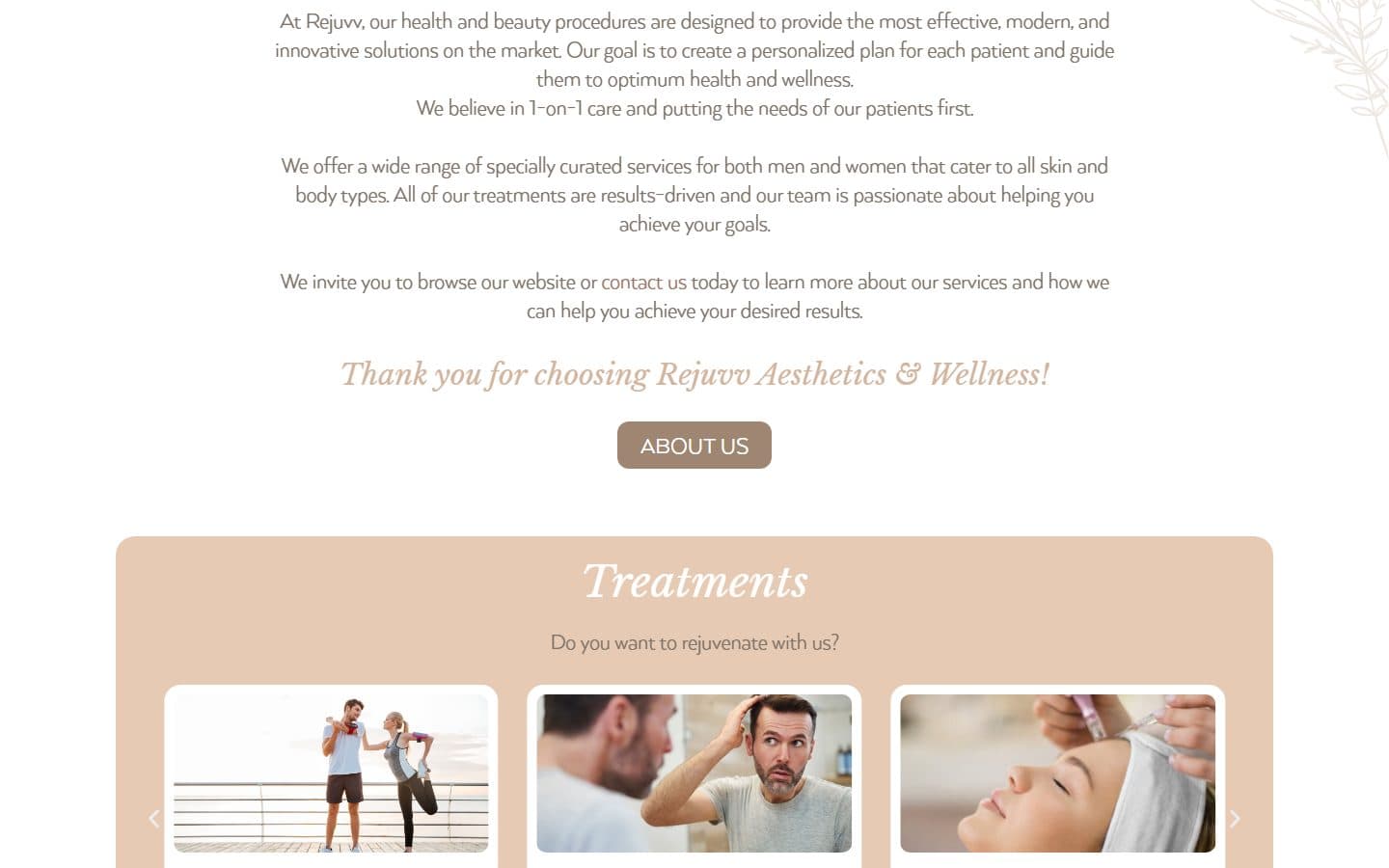 Rejuvv Aesthetics & Wellness website, section 1